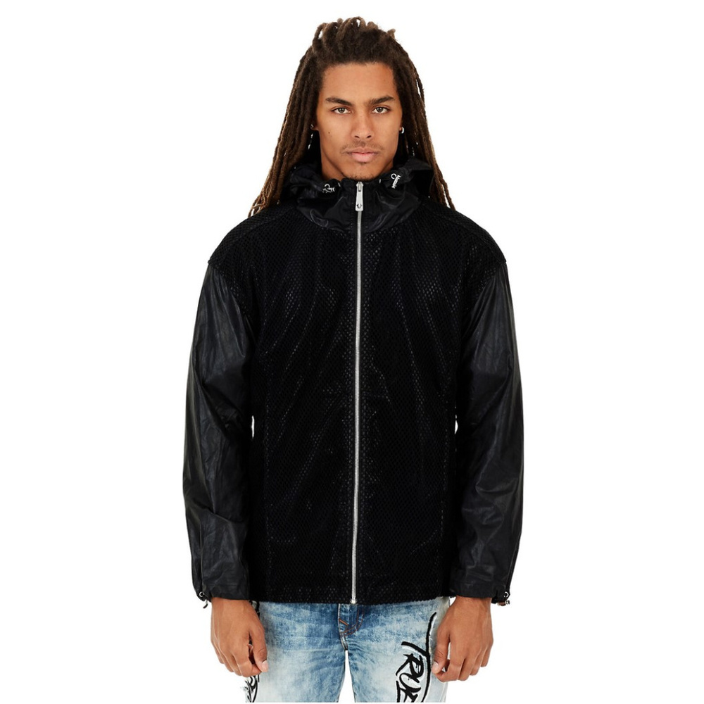 True Religion Men's Contrast Mesh Full Zip Front Anorak Hooded Jacket in Black